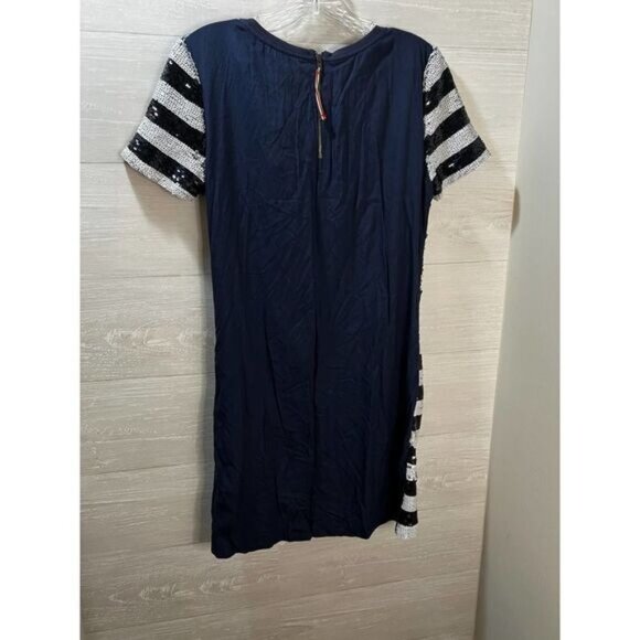 Hilfiger Denim Black & White Sequin Striped Short Sleeve Mini Dress With Back Zi - Picture 3 of 8